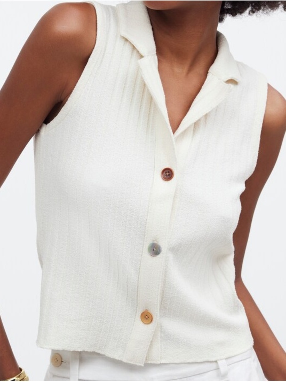 Madewell Cream Sleeveless Button-Front Collared Knit Tank